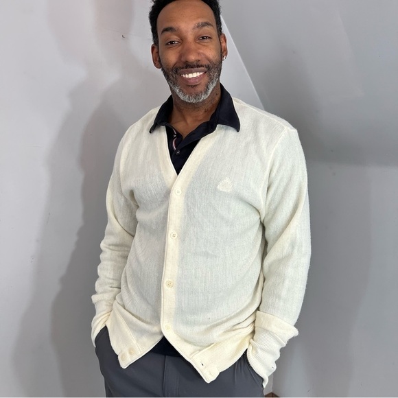 Vintage Izod Neutral Knit Cardigan Classic Stretchy White Sweater Large V Neck - Picture 1 of 14